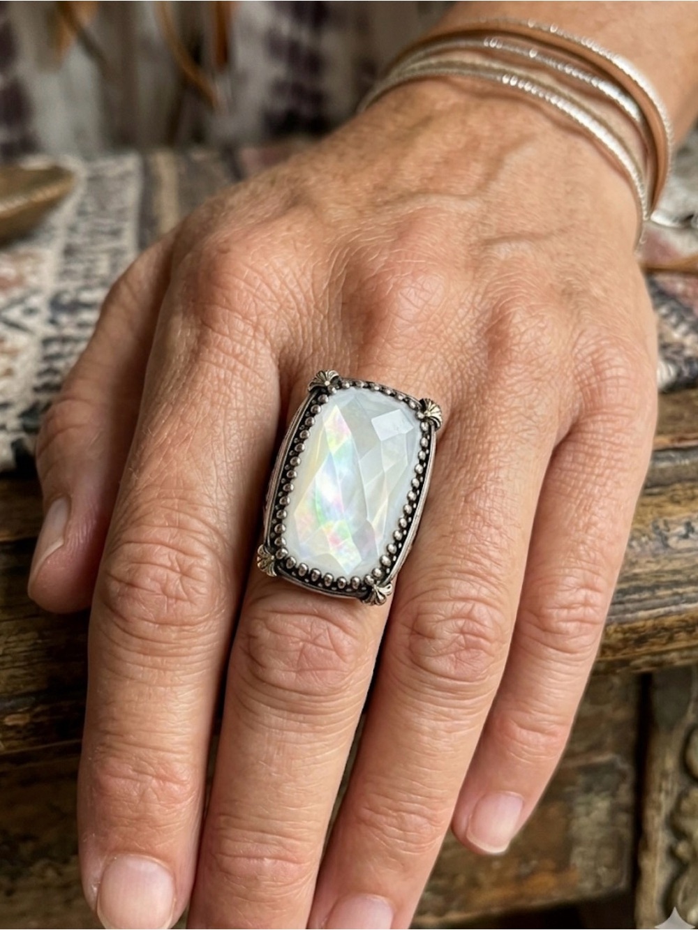 Konstantino 18K Gold Sterling Silver Mother of Pearl Ring Size 6.75